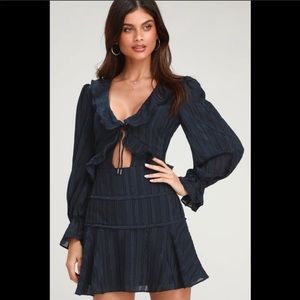 Finders Keepers Soraya Navy Blue Long Sleeve Dress
